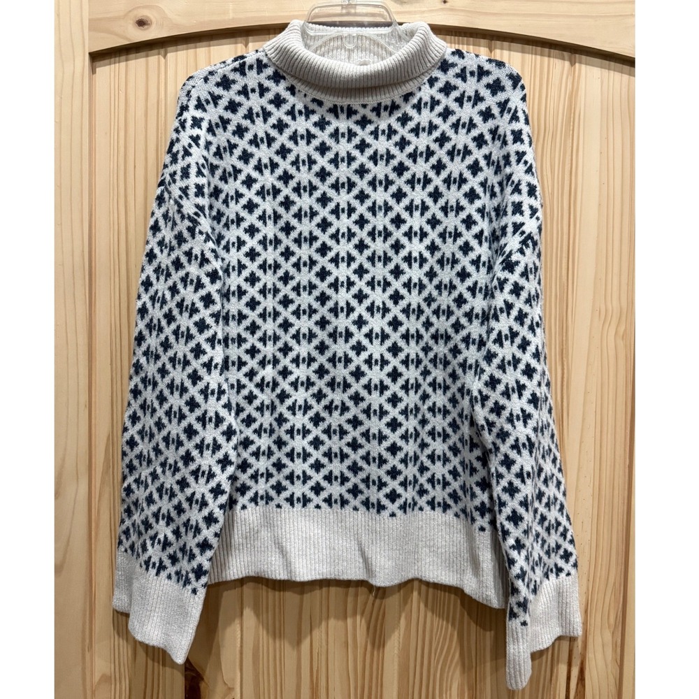 For The Republic Womens Turtleneck Sweater Cream Navy Blue Geometric Diamond L